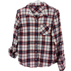 Tommy Hilfiger Womens Plaid Button-Down Shirt With Roll Tab Sleeves M Cabincore